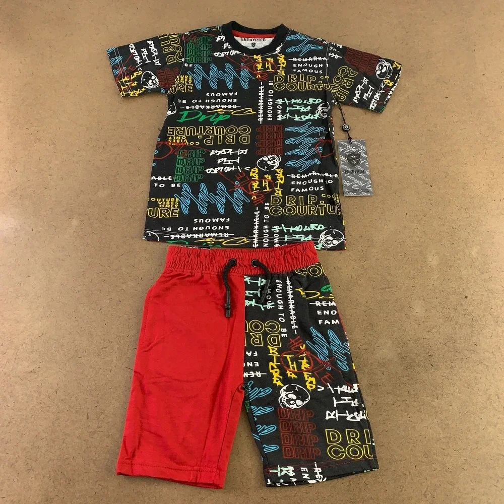 Encrypted Boys Size 6 Colorblock Drip Printed 2 Piece T-Shirt & Shorts Set NWT